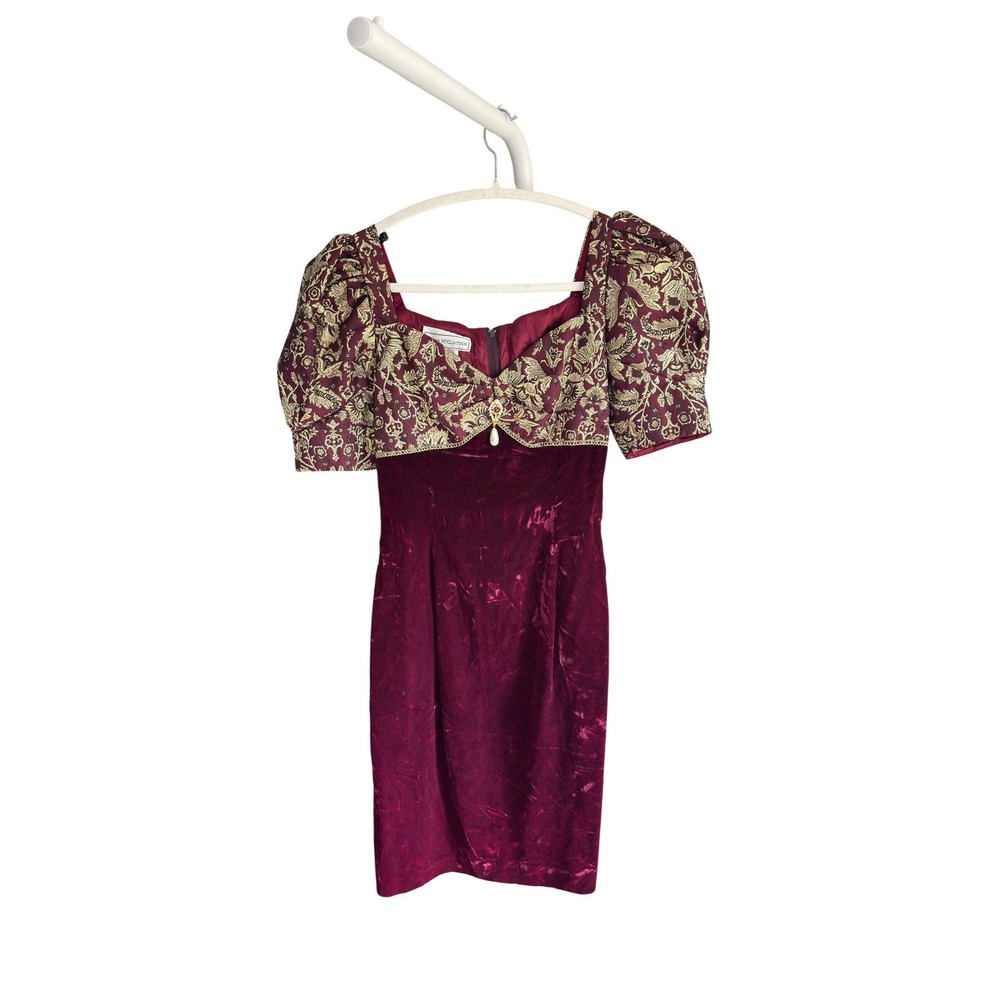 Scott McClintock Burgundy Velvet Gold Puff Sleeve Square Neck Dress Size 6